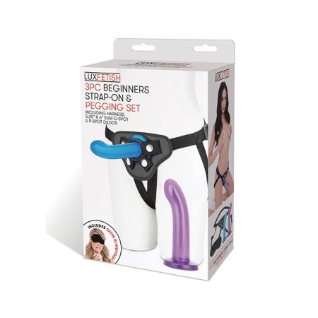 Lux Fetish 3 pc Beginners Strap On & Pegging Set - Multi Color
